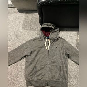 Men’s Ralph Lauren polo zipper hoodie. Grey w/ red & black flannel pattern hood.